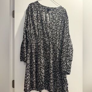 LIKE NEW! GAP Black Leaf Pattern Tunic Tie Elastic Waist Dress Sz XL